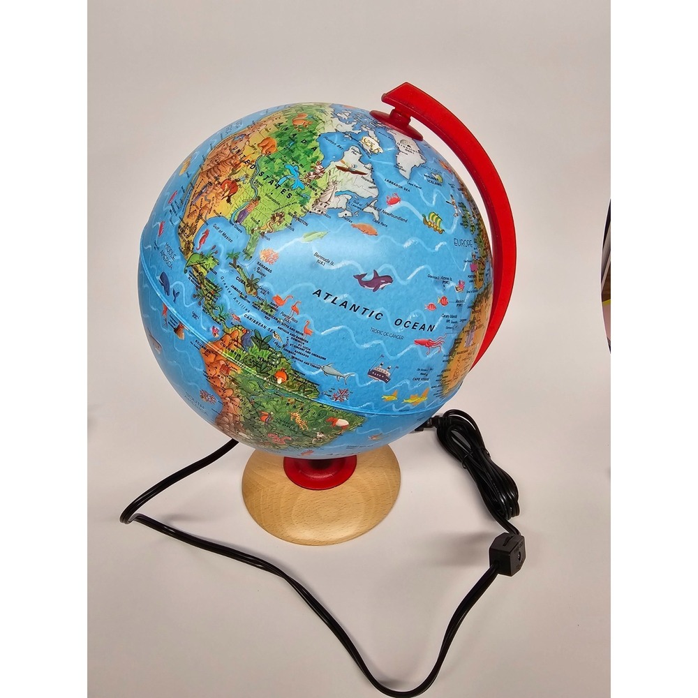 Illuminated Tabletop Globe with Color-Coded Topography and Sturdy Wooden Base